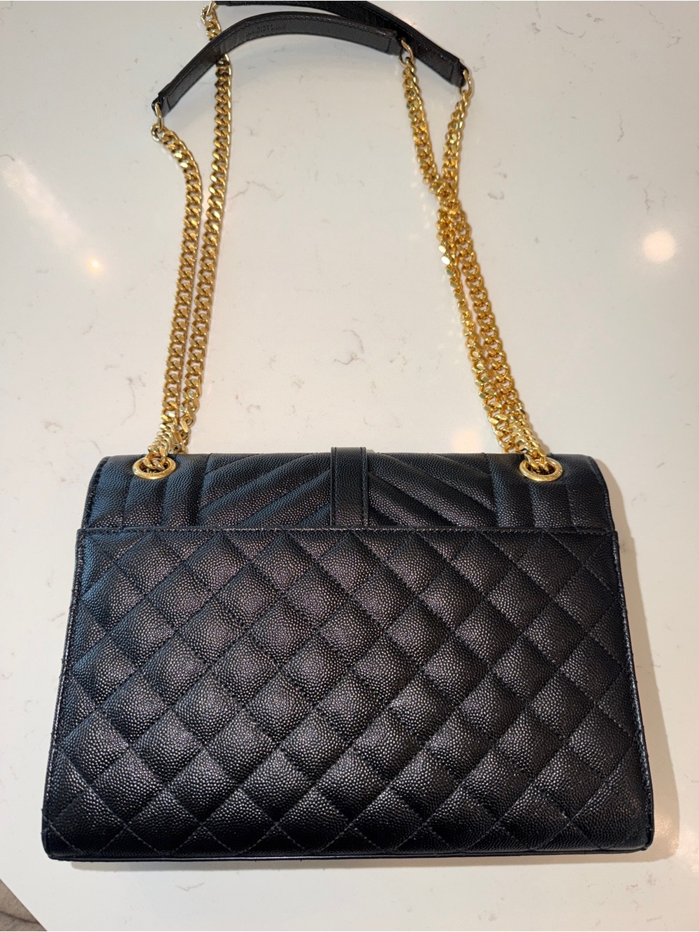 AUTHENTIC YSL Envelope Triquilt Medium Shoulder Bag in Black Grained Leather. - Picture 8 of 16